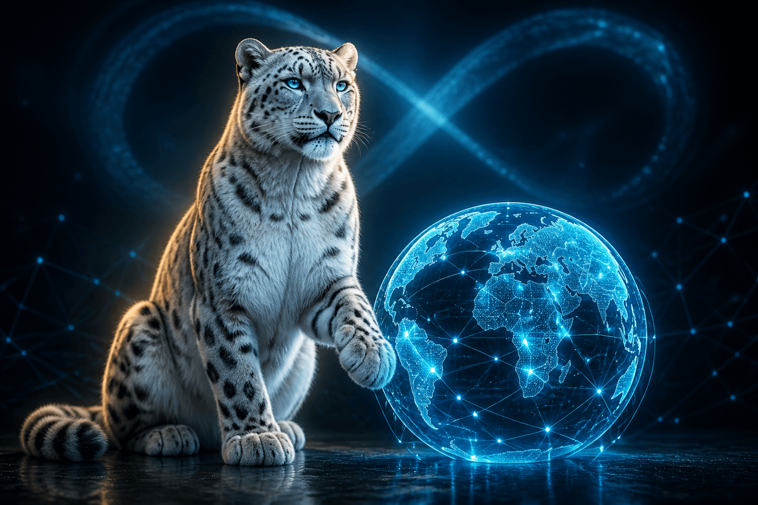 The BroadNet snow leopard resting a paw on a glowing globe of worldwide network routes