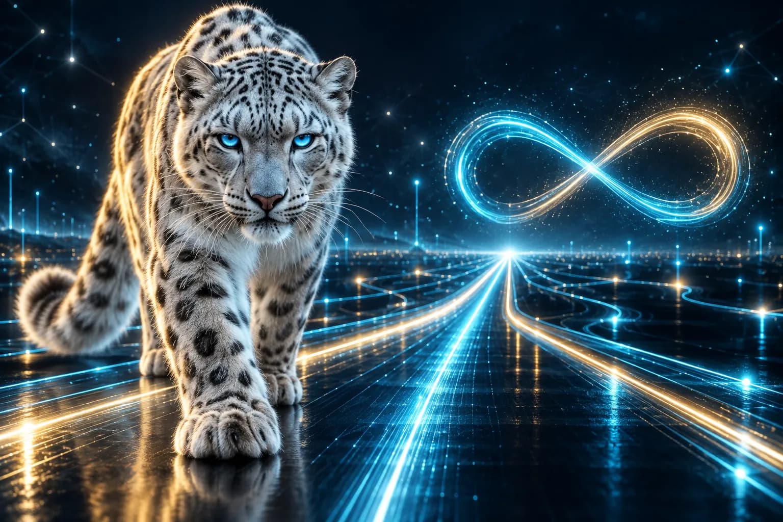 The BroadNet snow leopard on a glowing highway of light under the infinity loop