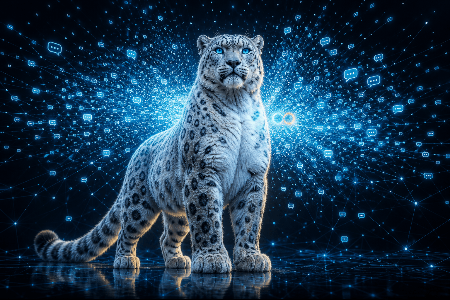 The BroadNet snow leopard in a storm of glowing messages broadcast to millions of phones