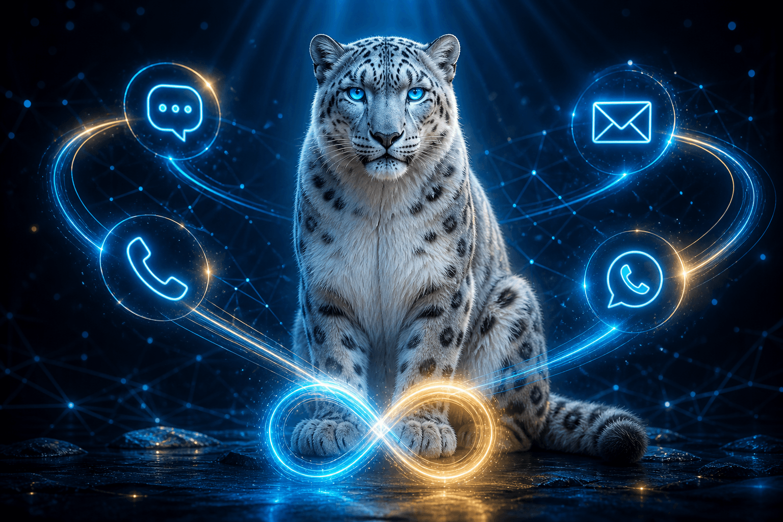 The BroadNet snow leopard at the centre of SMS, voice, email and WhatsApp channels joined in one loop